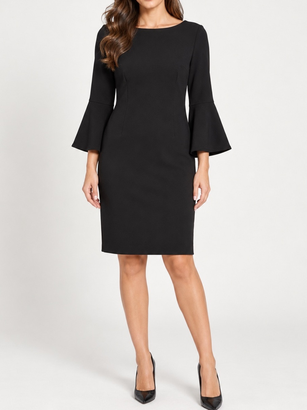 Calvin Klein Black Shift Dress Size 12 Bell Sleeve Gold Zip Cocktail